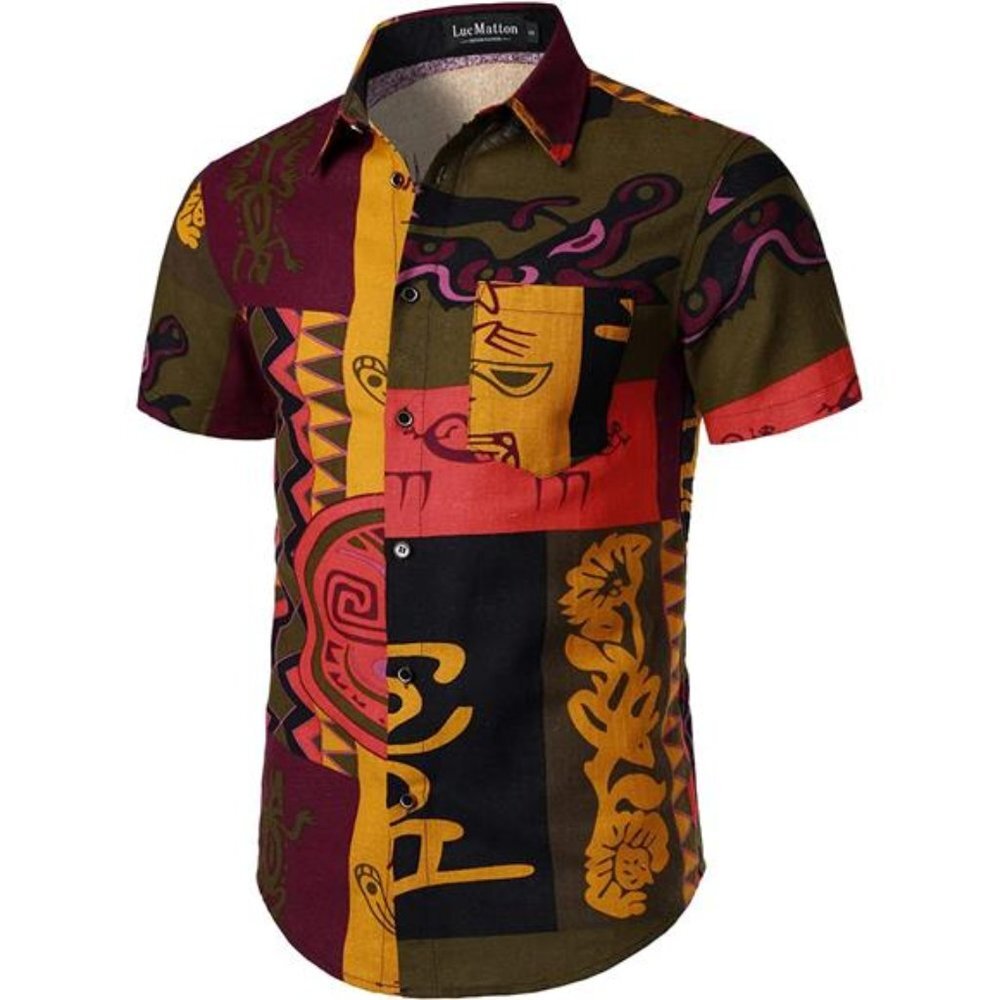 Men's Summer 2 Piece Set Cotton Linen Ethnic Style Printed Outfit with Pockets - Picture 2 of 7